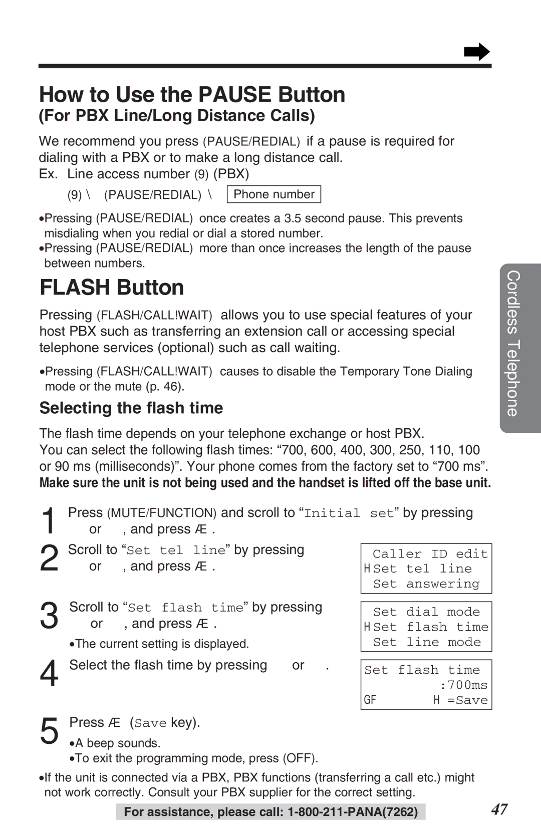 Panasonic KX-TG2382B How to Use the Pause Button, Flash Button, For PBX Line/Long Distance Calls, Selecting the ﬂash time 