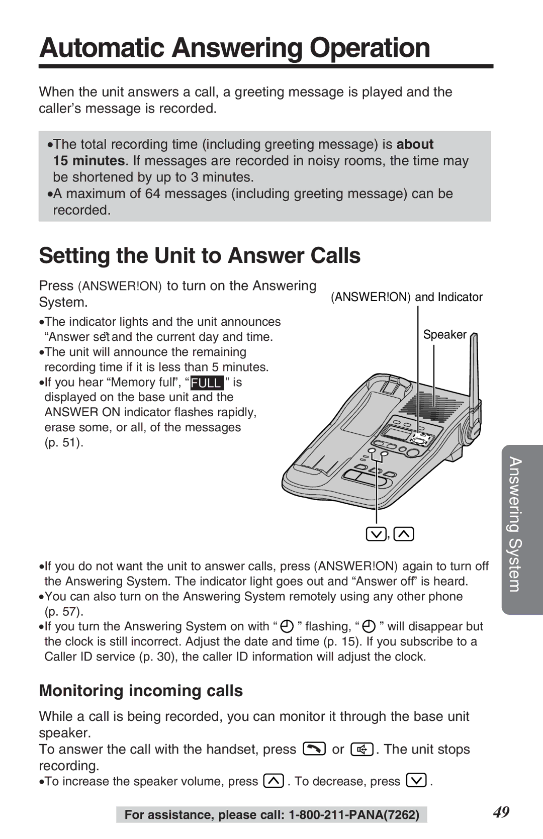 Panasonic KX-TG2382B Automatic Answering Operation, Setting the Unit to Answer Calls, Monitoring incoming calls 