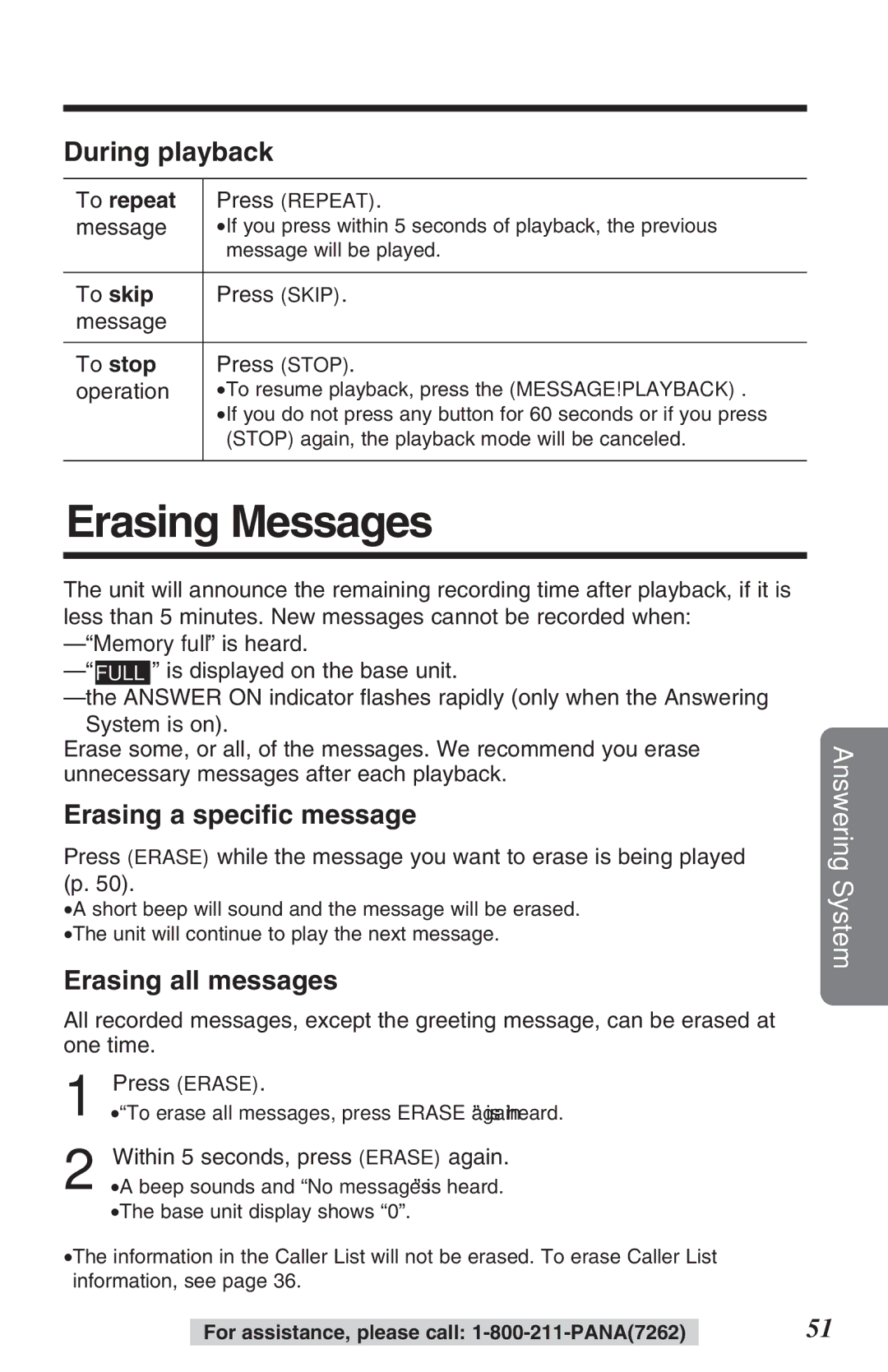 Panasonic KX-TG2382B Erasing Messages, During playback, Erasing a speciﬁc message, Erasing all messages 