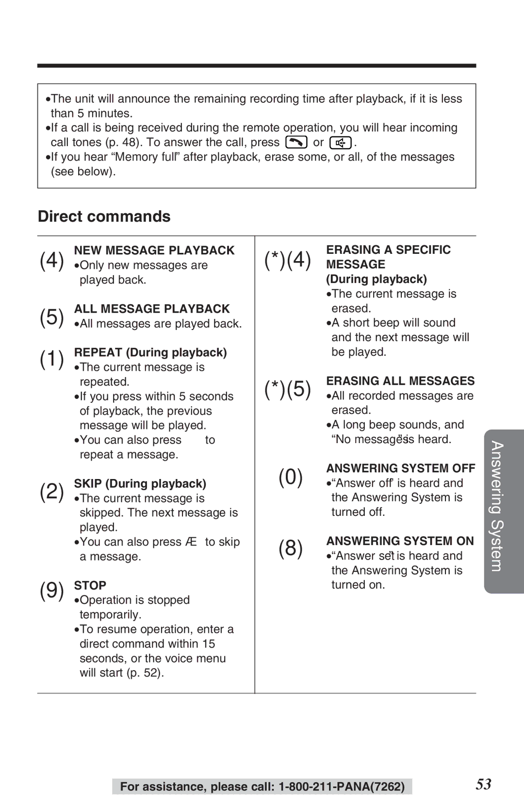 Panasonic KX-TG2382B operating instructions Direct commands, ALL Message Playback 