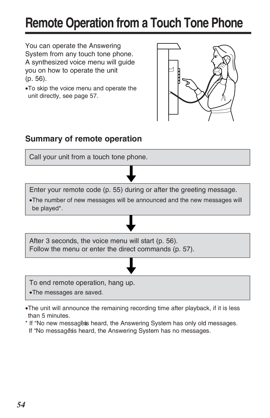 Panasonic KX-TG2382B operating instructions Remote Operation from a Touch Tone Phone, Summary of remote operation 