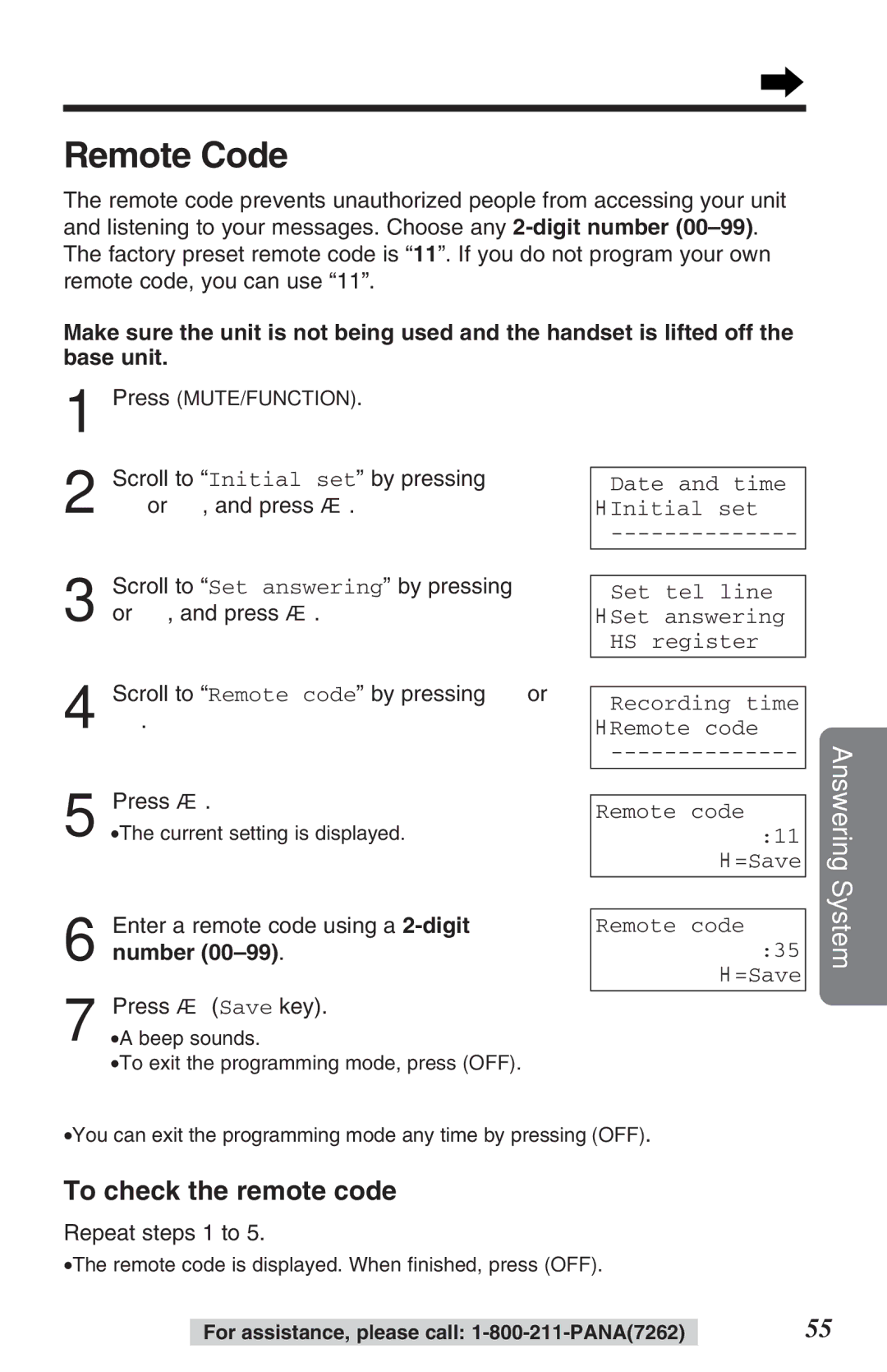 Panasonic KX-TG2382B Remote Code, To check the remote code, Enter a remote code using a 2-digit number Press á Save key 