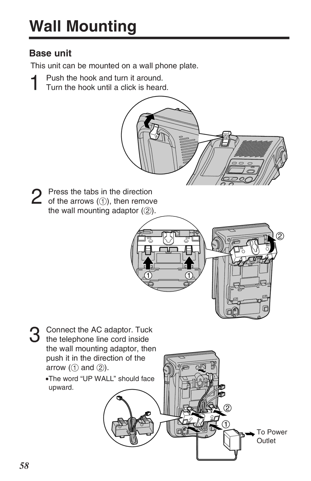 Panasonic KX-TG2382B operating instructions Wall Mounting, Base unit 