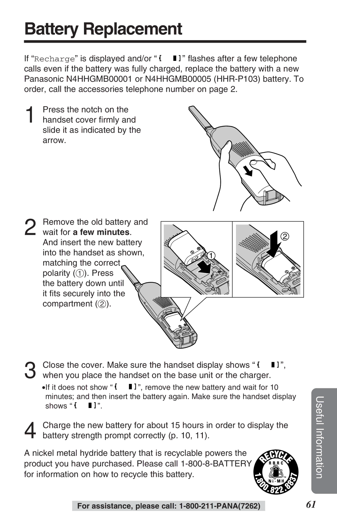 Panasonic KX-TG2382B operating instructions Battery Replacement 