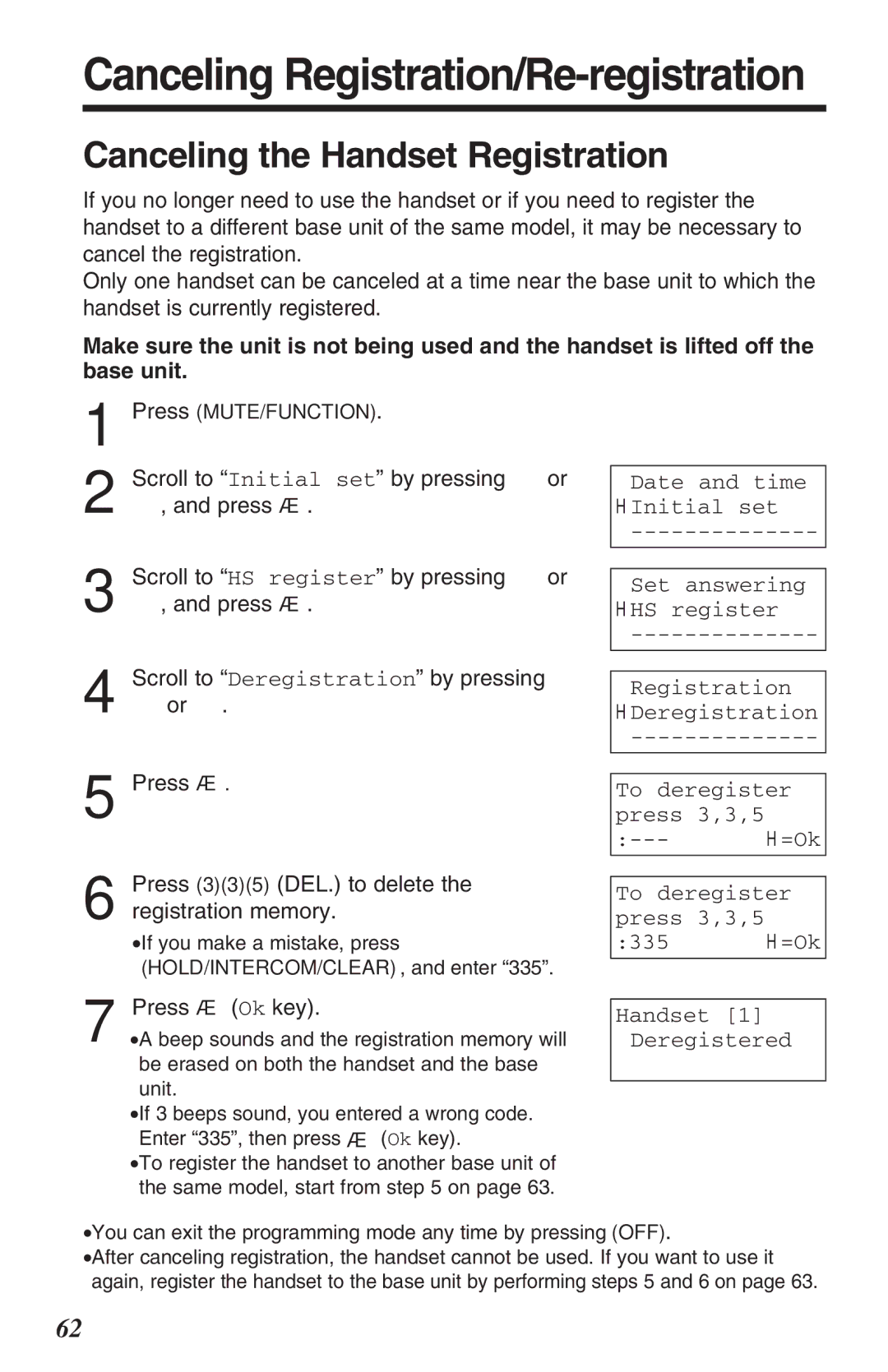 Panasonic KX-TG2382B Canceling the Handset Registration, Date and time HInitial set Set answering HHS register 