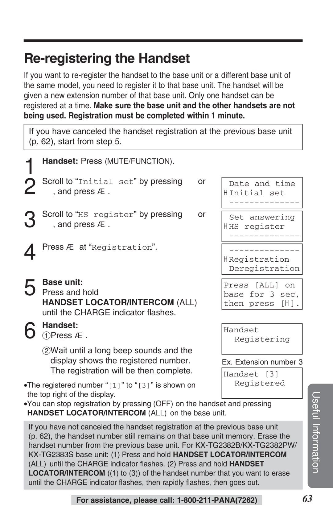 Panasonic KX-TG2382B operating instructions Re-registering the Handset, Base unit 