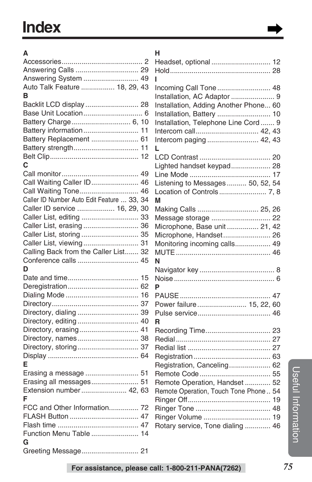 Panasonic KX-TG2382B operating instructions Index, Battery Charge 