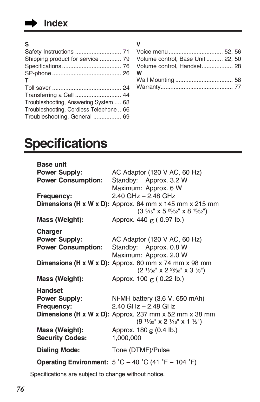 Panasonic KX-TG2382B operating instructions Speciﬁcations, Index 