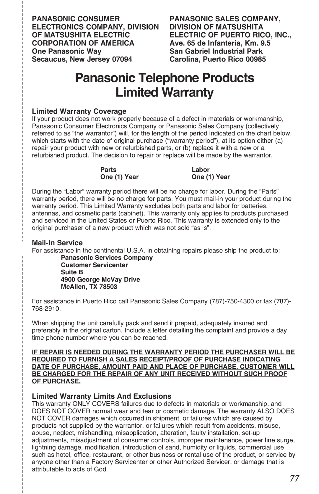 Panasonic KX-TG2382B operating instructions Panasonic Telephone Products Limited Warranty, Limited Warranty Coverage 