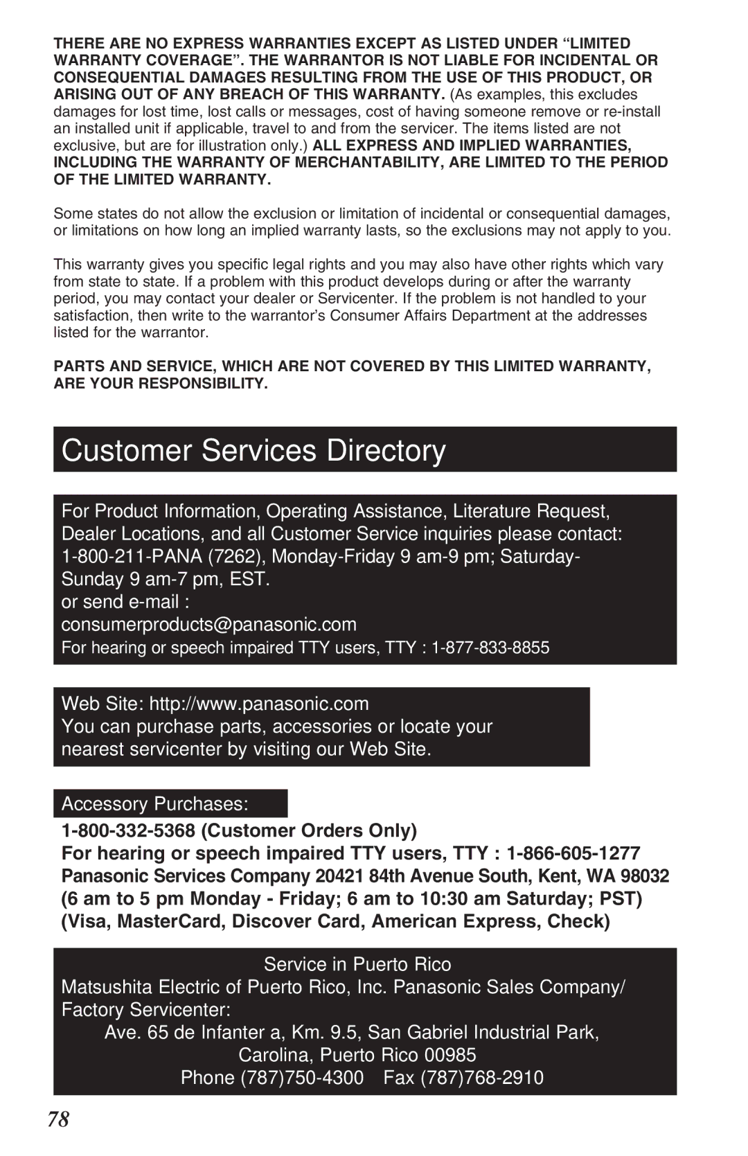 Panasonic KX-TG2382B operating instructions Customer Services Directory 