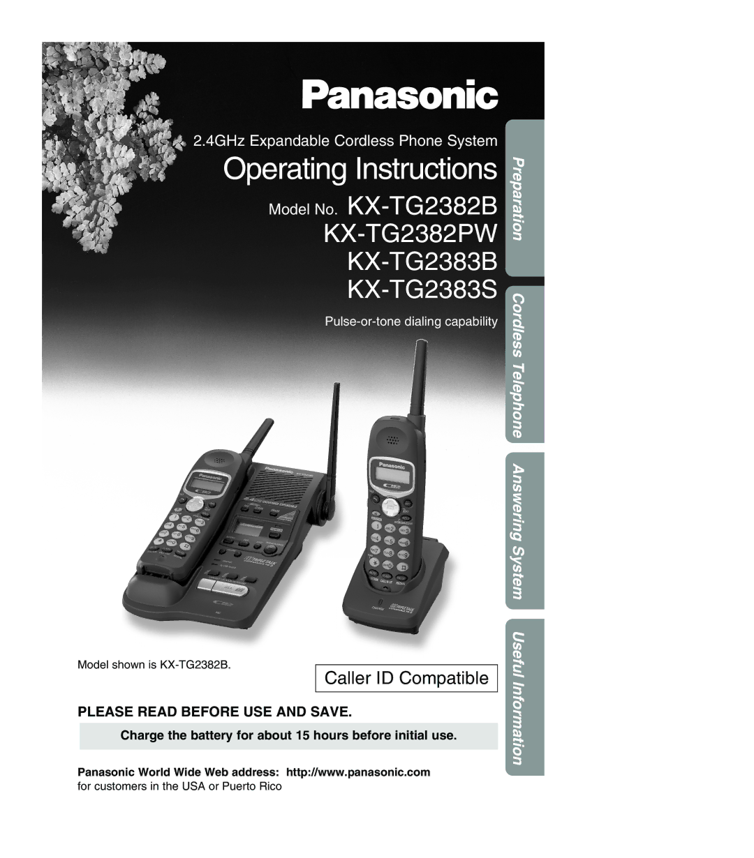 Panasonic KX-TG2382PW, KX-TG2382B, KX-TG2383B, KX-TG2383S operating instructions Operating Instructions 