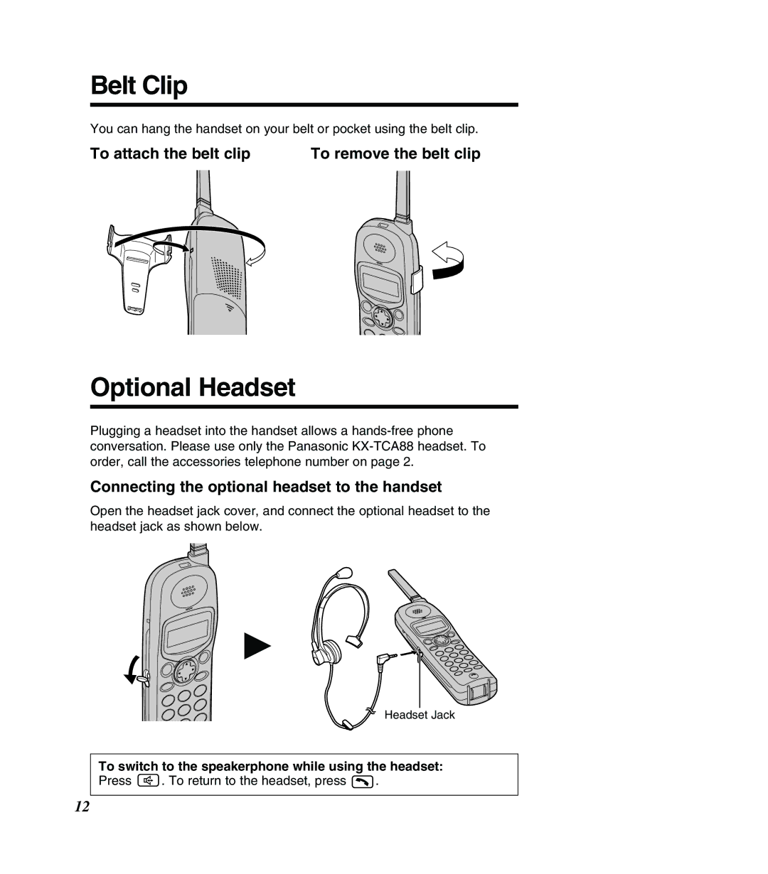 Panasonic KX-TG2383B operating instructions Belt Clip, Optional Headset, To attach the belt clip To remove the belt clip 