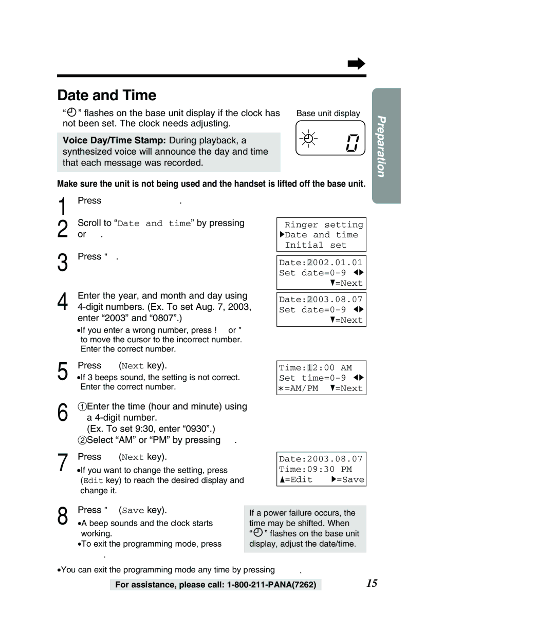 Panasonic KX-TG2382PW, KX-TG2382B, KX-TG2383B, KX-TG2383S Date and Time, Press Ö Next key, Press á Save key 