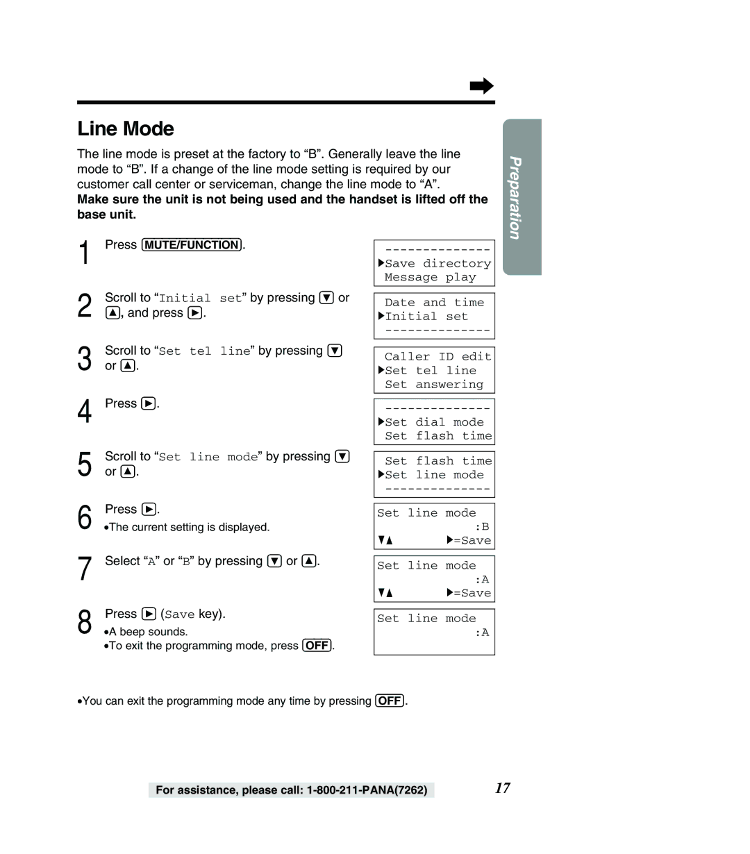 Panasonic KX-TG2382PW, KX-TG2382B, KX-TG2383B, KX-TG2383S Line Mode, Scroll to Initial set by pressing Ö or, Or Ñ 