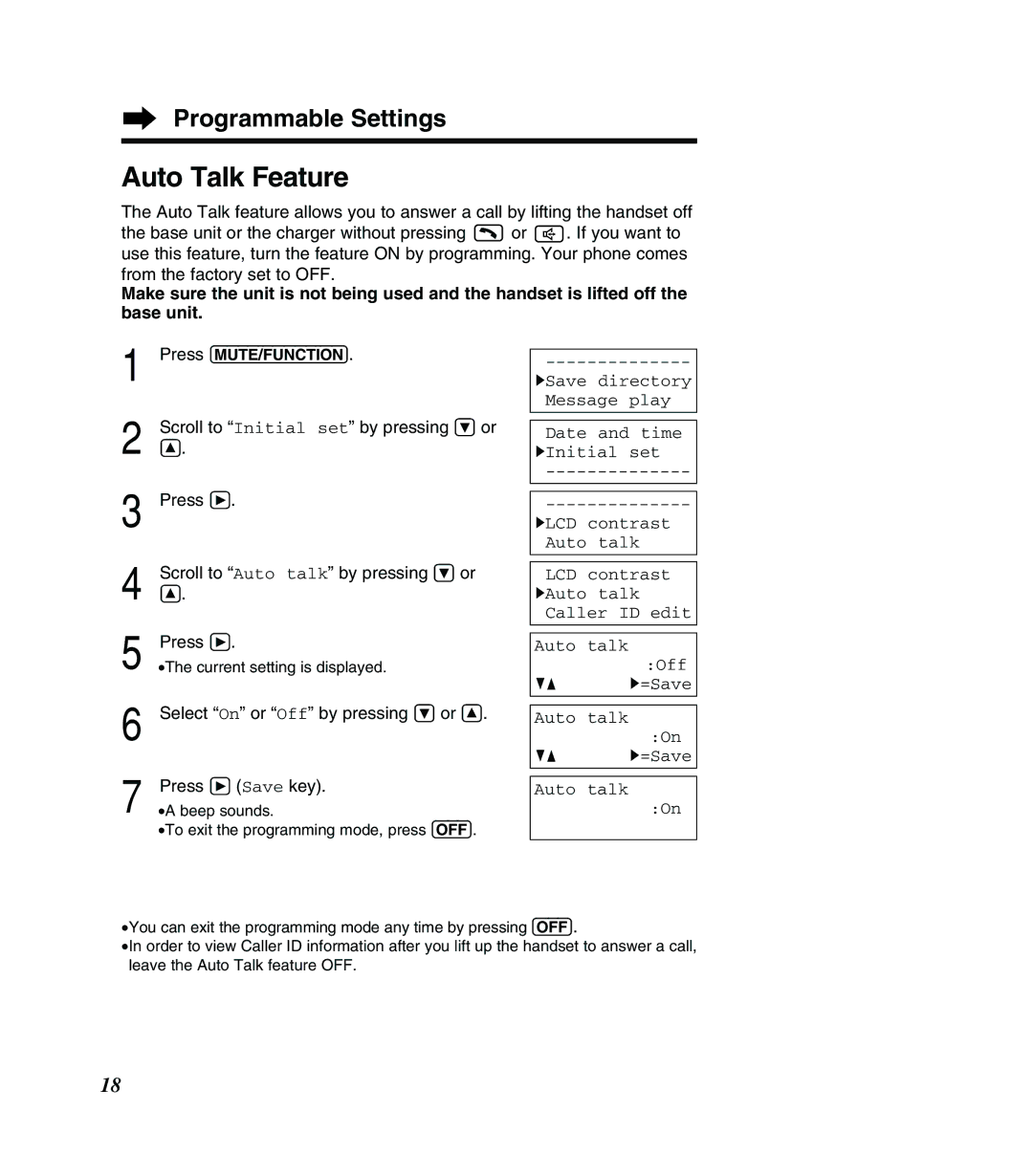 Panasonic KX-TG2383B operating instructions Auto Talk Feature, Select On or Off by pressing Ö or Ñ Press á Save key 