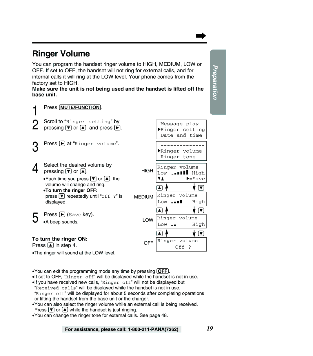 Panasonic KX-TG2382PW, KX-TG2382B, KX-TG2383B, KX-TG2383S operating instructions Ringer Volume, To turn the ringer on 