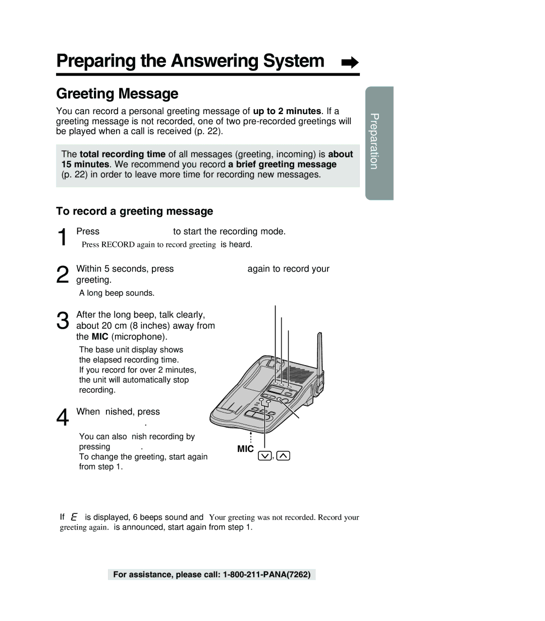 Panasonic KX-TG2382PW, KX-TG2382B, KX-TG2383B, KX-TG2383S Preparing the Answering System, Greeting Message 