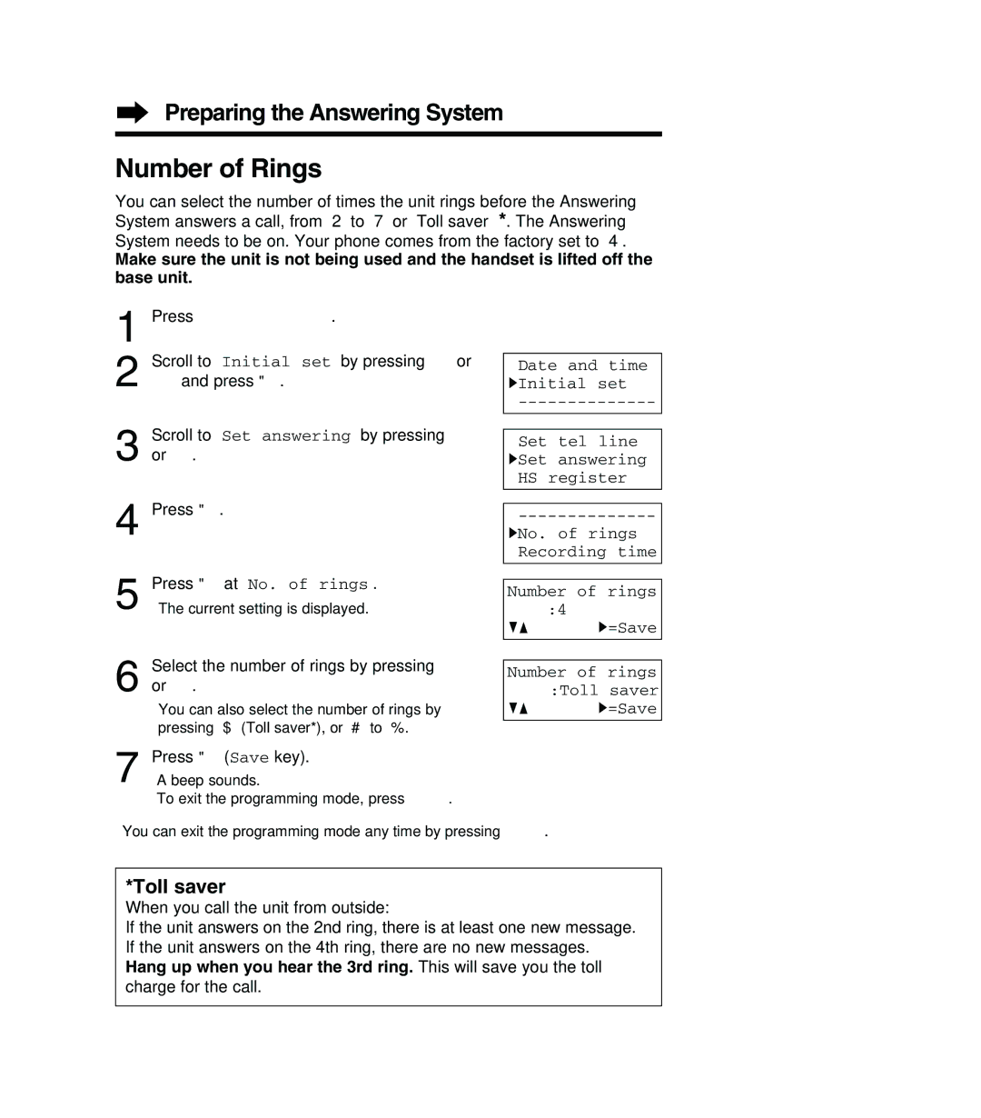 Panasonic KX-TG2382PW, KX-TG2382B, KX-TG2383B, KX-TG2383S operating instructions Number of Rings, Toll saver 