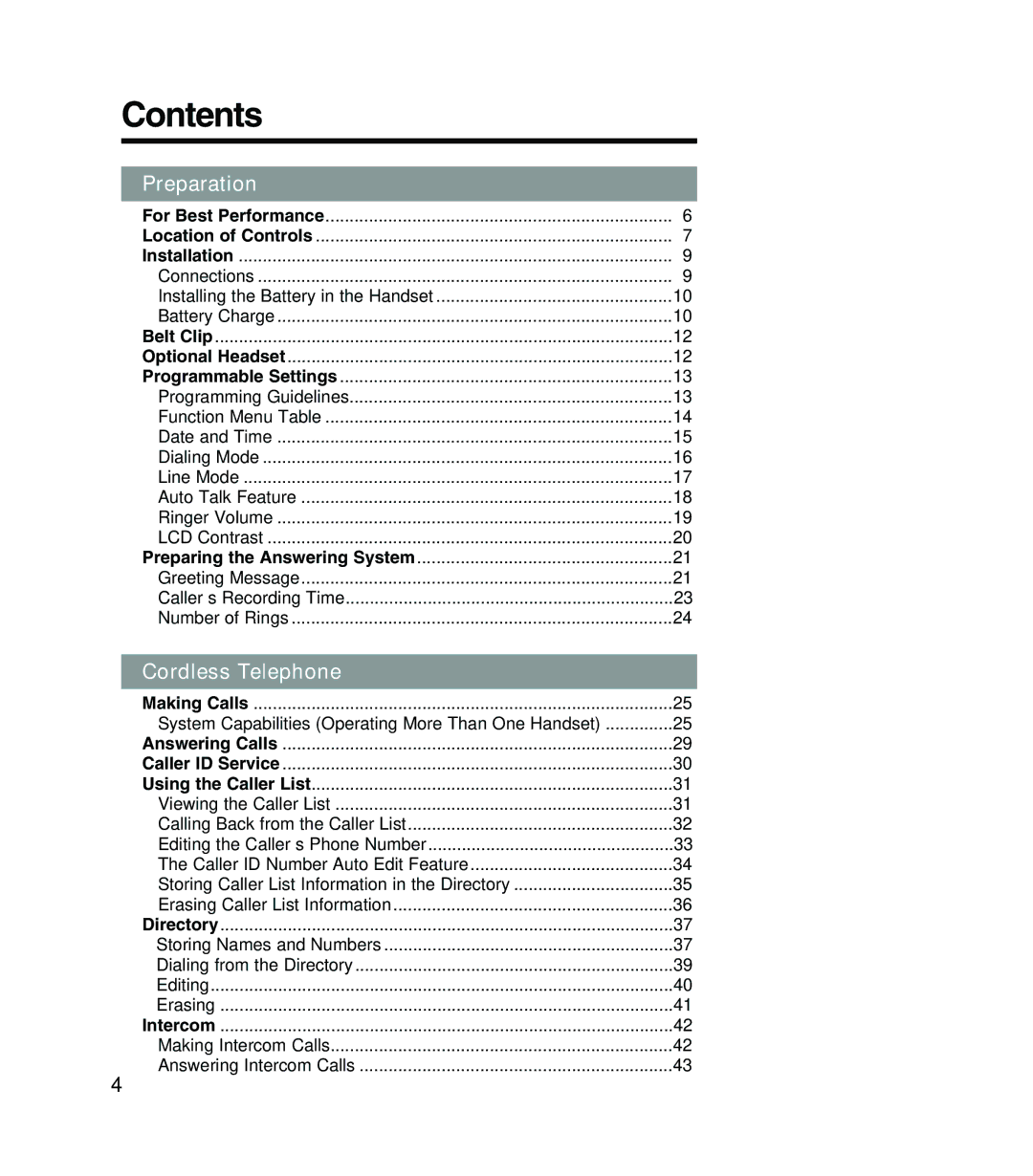 Panasonic KX-TG2382PW, KX-TG2382B, KX-TG2383B, KX-TG2383S operating instructions Contents 