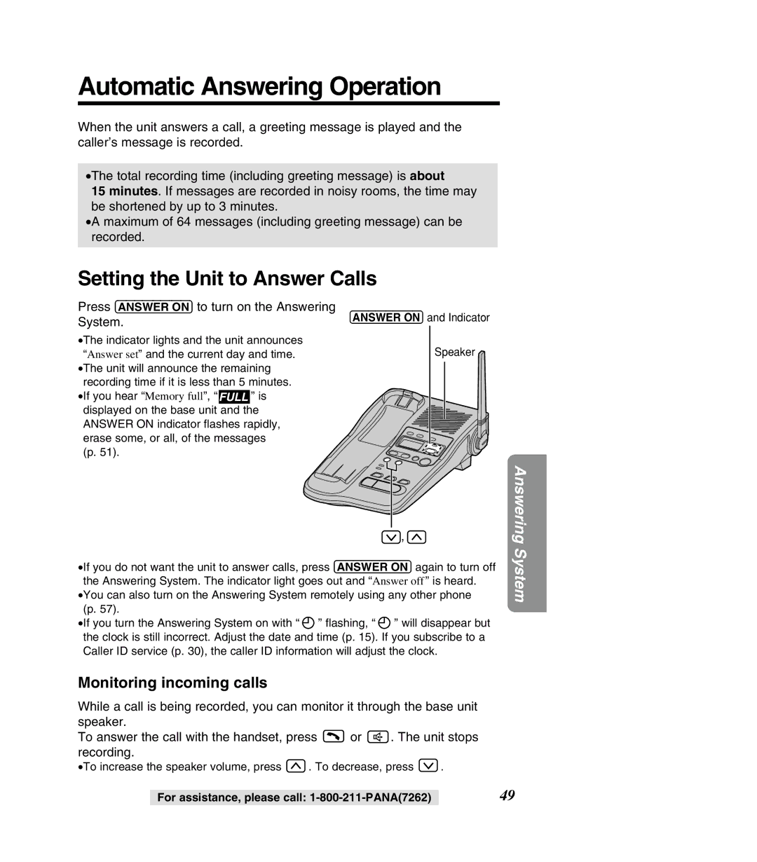 Panasonic KX-TG2382PW, KX-TG2382B, KX-TG2383B, KX-TG2383S Automatic Answering Operation, Setting the Unit to Answer Calls 