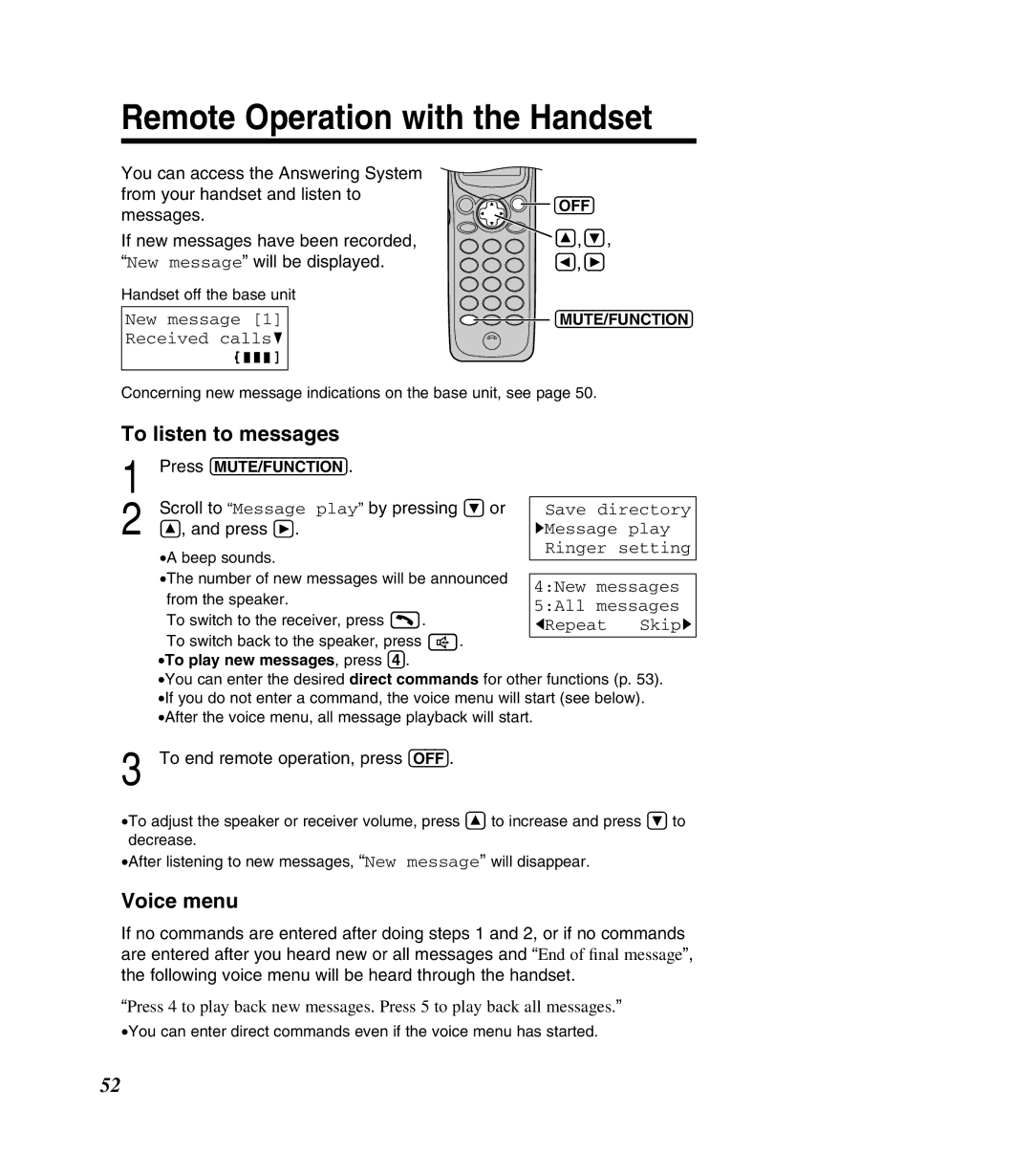 Panasonic KX-TG2383B operating instructions Remote Operation with the Handset, To listen to messages, Voice menu 