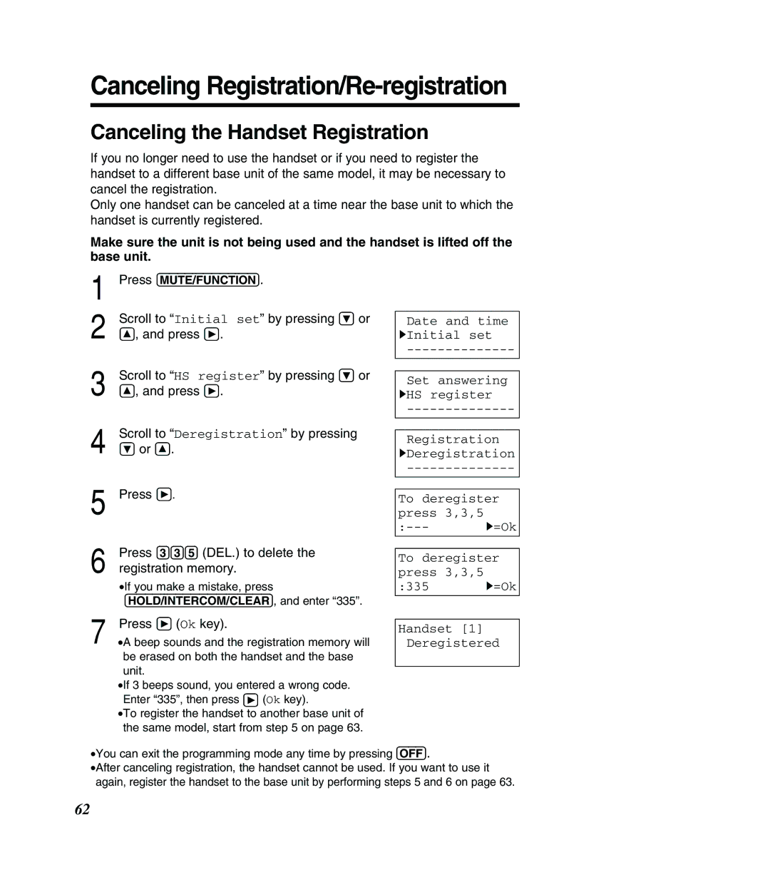 Panasonic KX-TG2383B Canceling the Handset Registration, Date and time HInitial set Set answering HHS register 