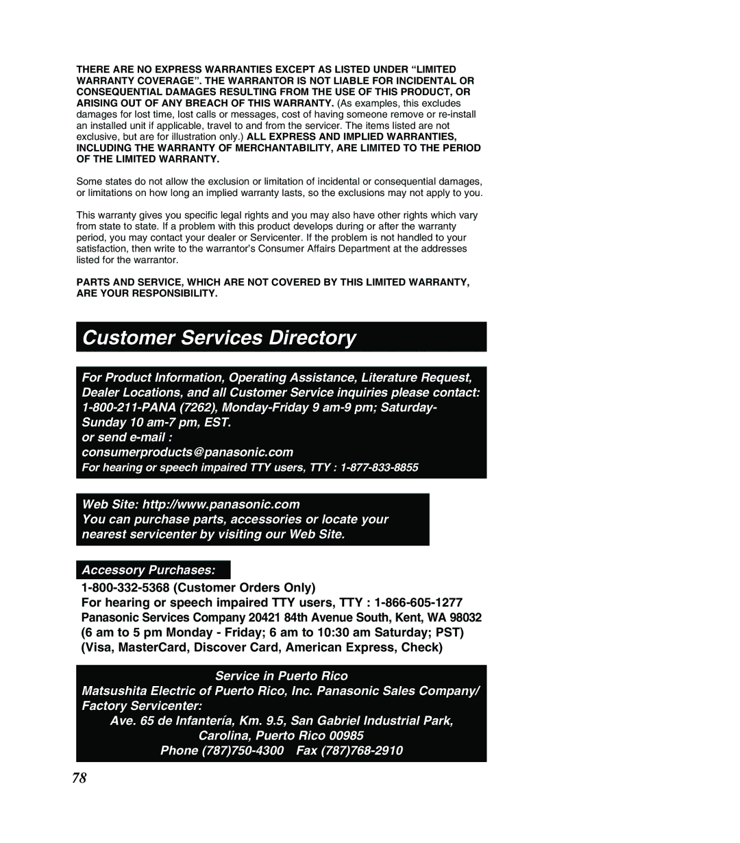 Panasonic KX-TG2382PW, KX-TG2382B, KX-TG2383B, KX-TG2383S operating instructions Customer Services Directory 