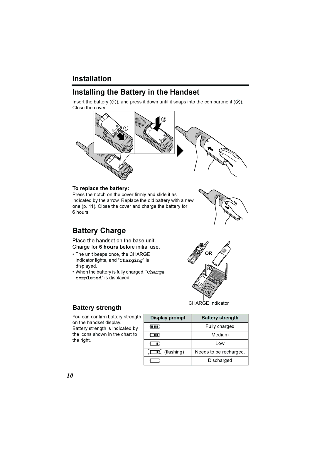 Panasonic KX-TG2386 Installation Installing the Battery in the Handset, Battery strength, To replace the battery 