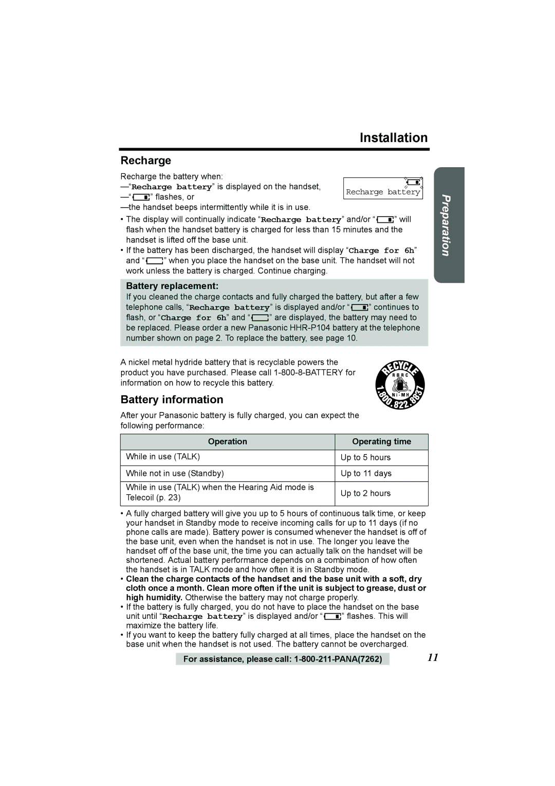 Panasonic KX-TG2386 Installation, Recharge, Battery information, Battery replacement, Operation Operating time 