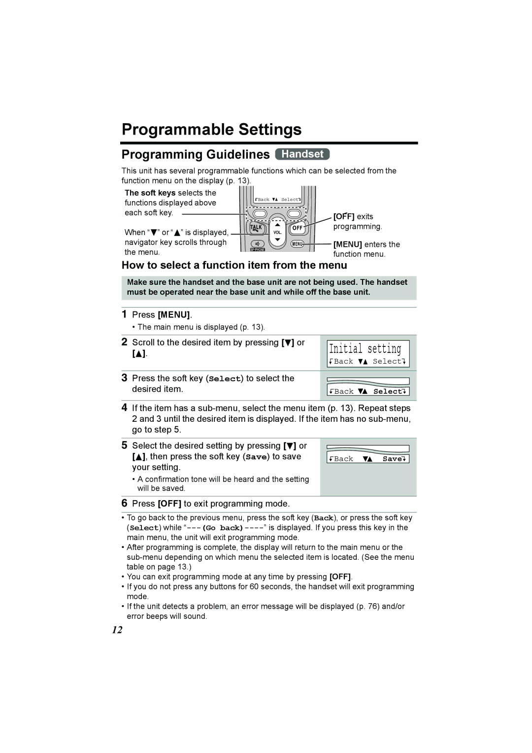 Panasonic KX-TG2386 Programmable Settings, Programming Guidelines Handset, How to select a function item from the menu 