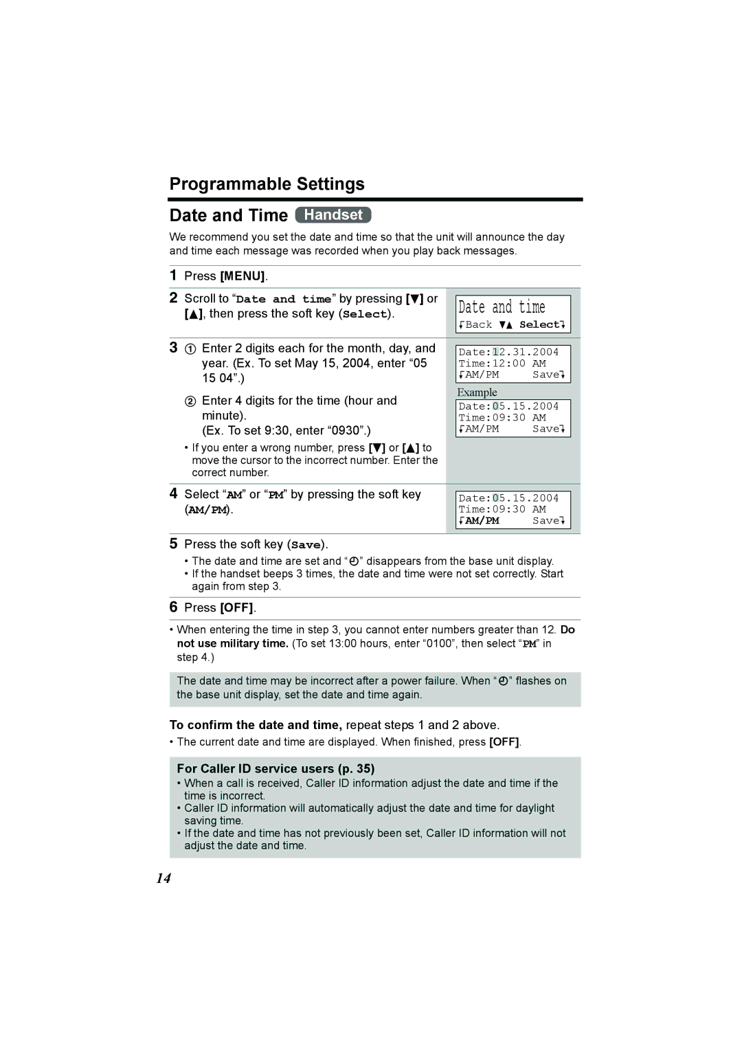 Panasonic KX-TG2386 Programmable Settings Date and Time Handset, To confirm the date and time, repeat steps 1 and 2 above 