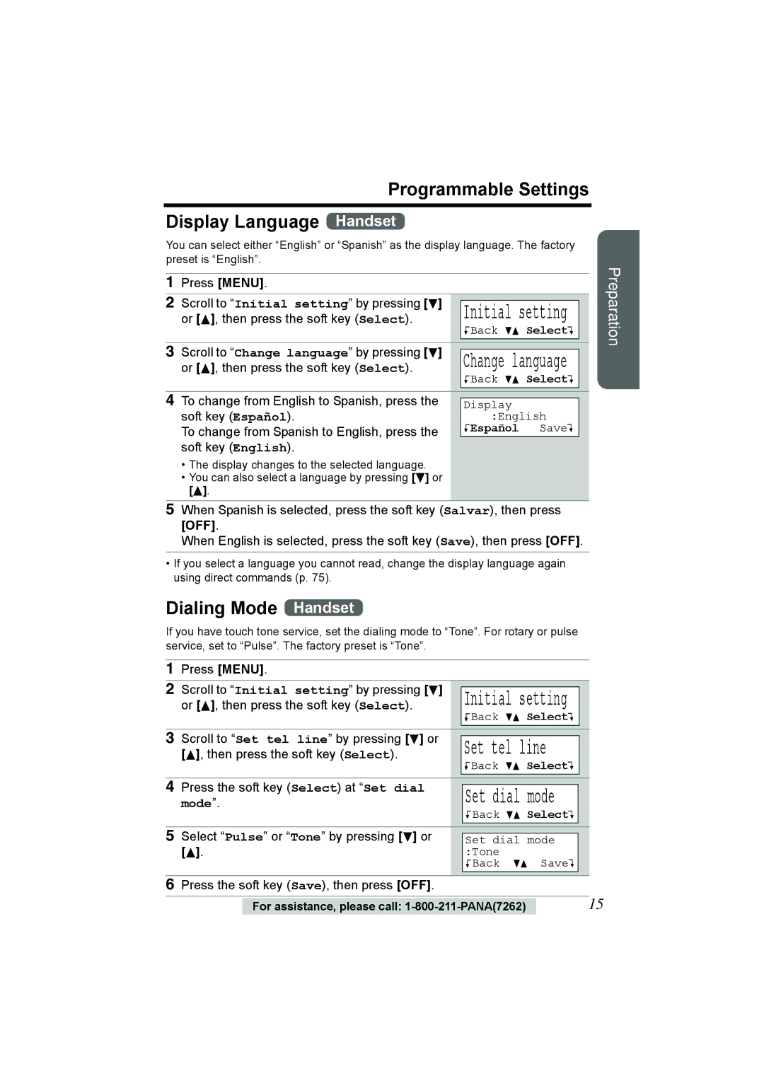 Panasonic KX-TG2386 operating instructions Programmable Settings Display Language Handset, Dialing Mode Handset 