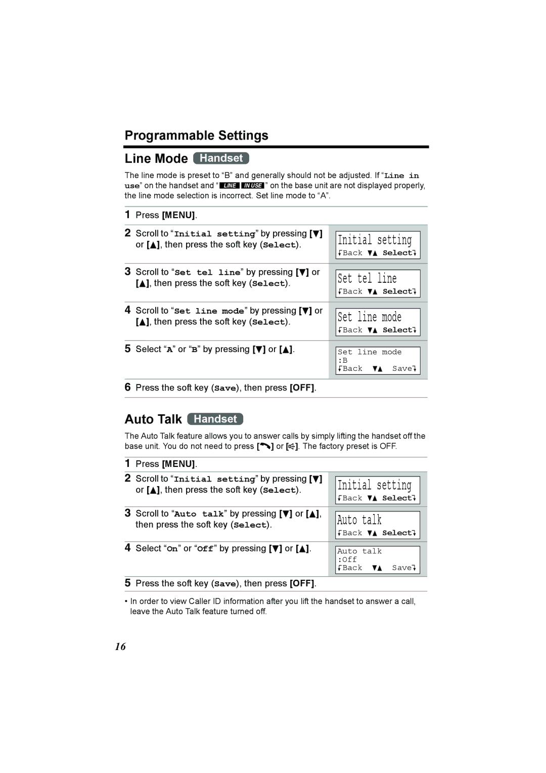 Panasonic KX-TG2386 operating instructions Programmable Settings Line Mode Handset, Auto Talk Handset 