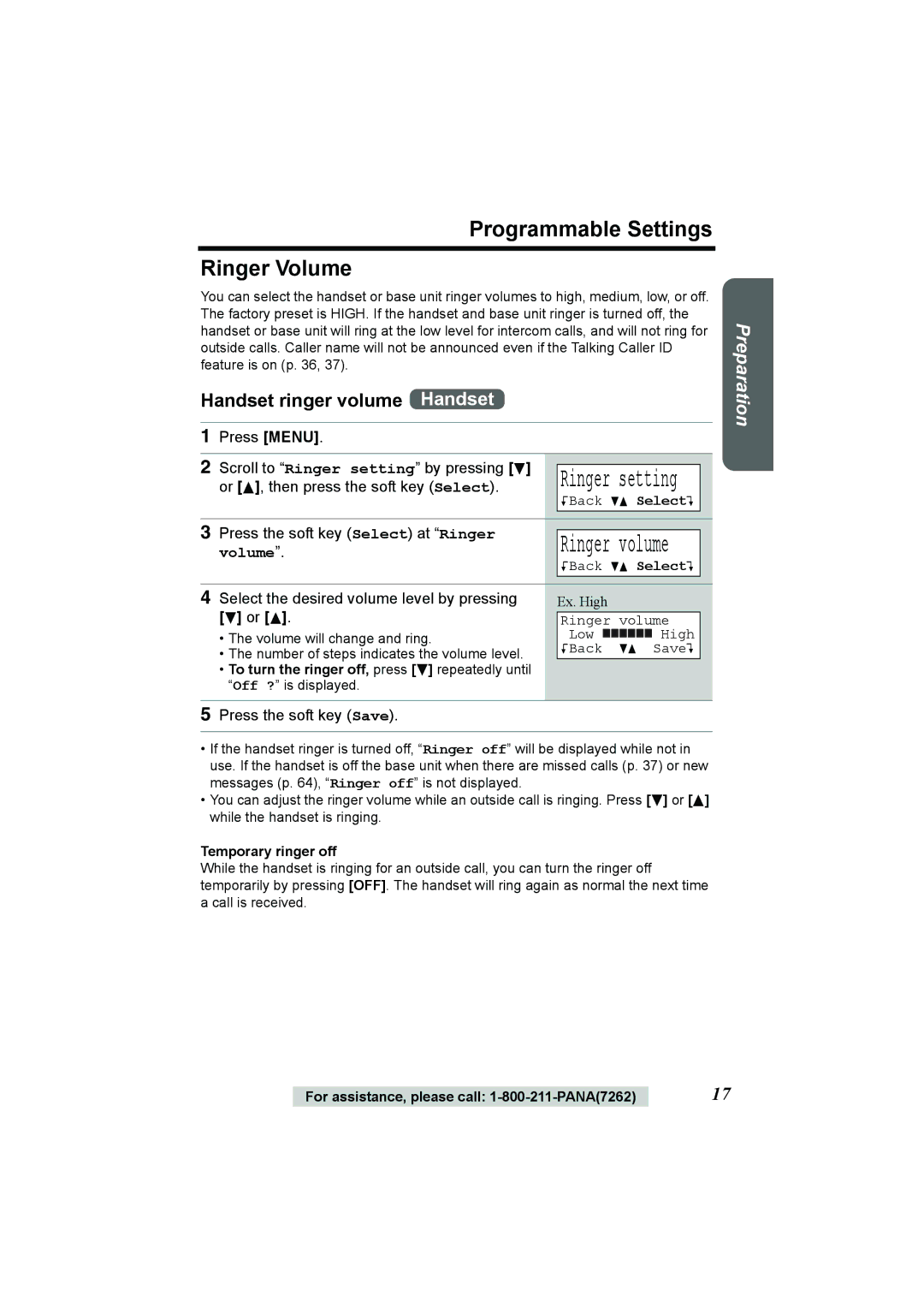 Panasonic KX-TG2386 Programmable Settings Ringer Volume, Handset ringer volume Handset, Ringer setting, Or B 