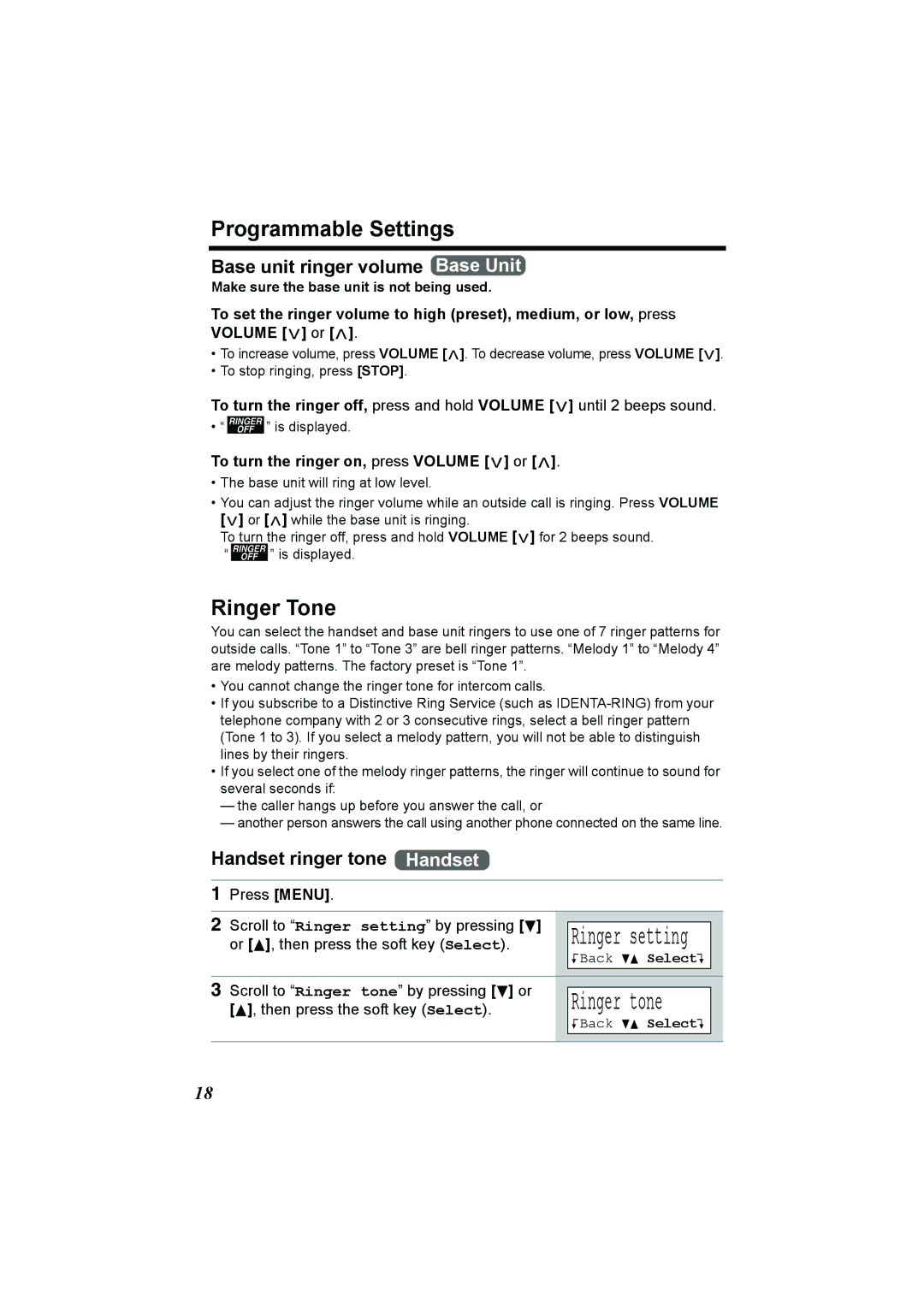 Panasonic KX-TG2386 Programmable Settings, Ringer Tone, Base unit ringer volume Base Unit, Handset ringer tone Handset 