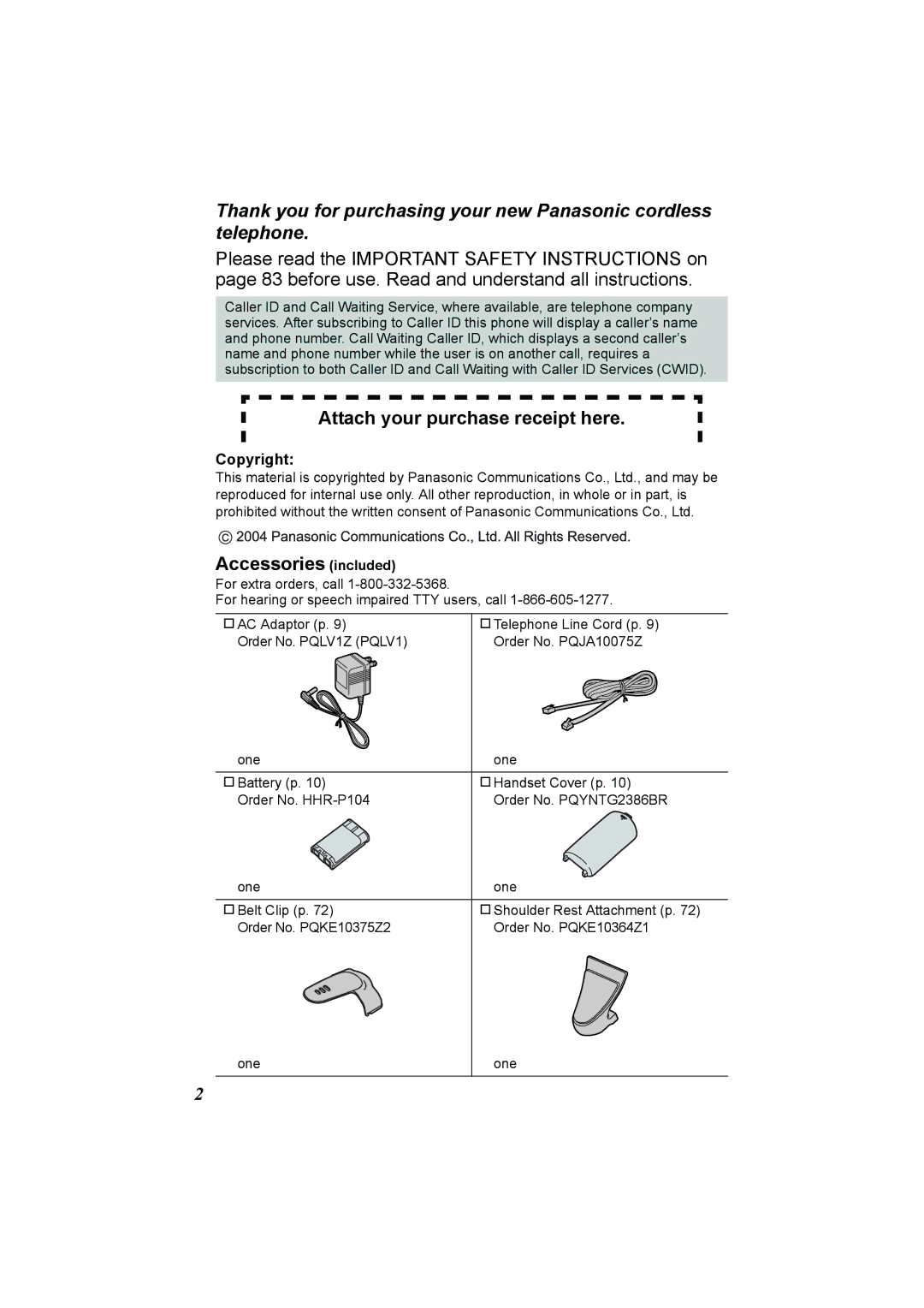 Panasonic KX-TG2386 operating instructions Attach your purchase receipt here, Accessories included, Copyright 