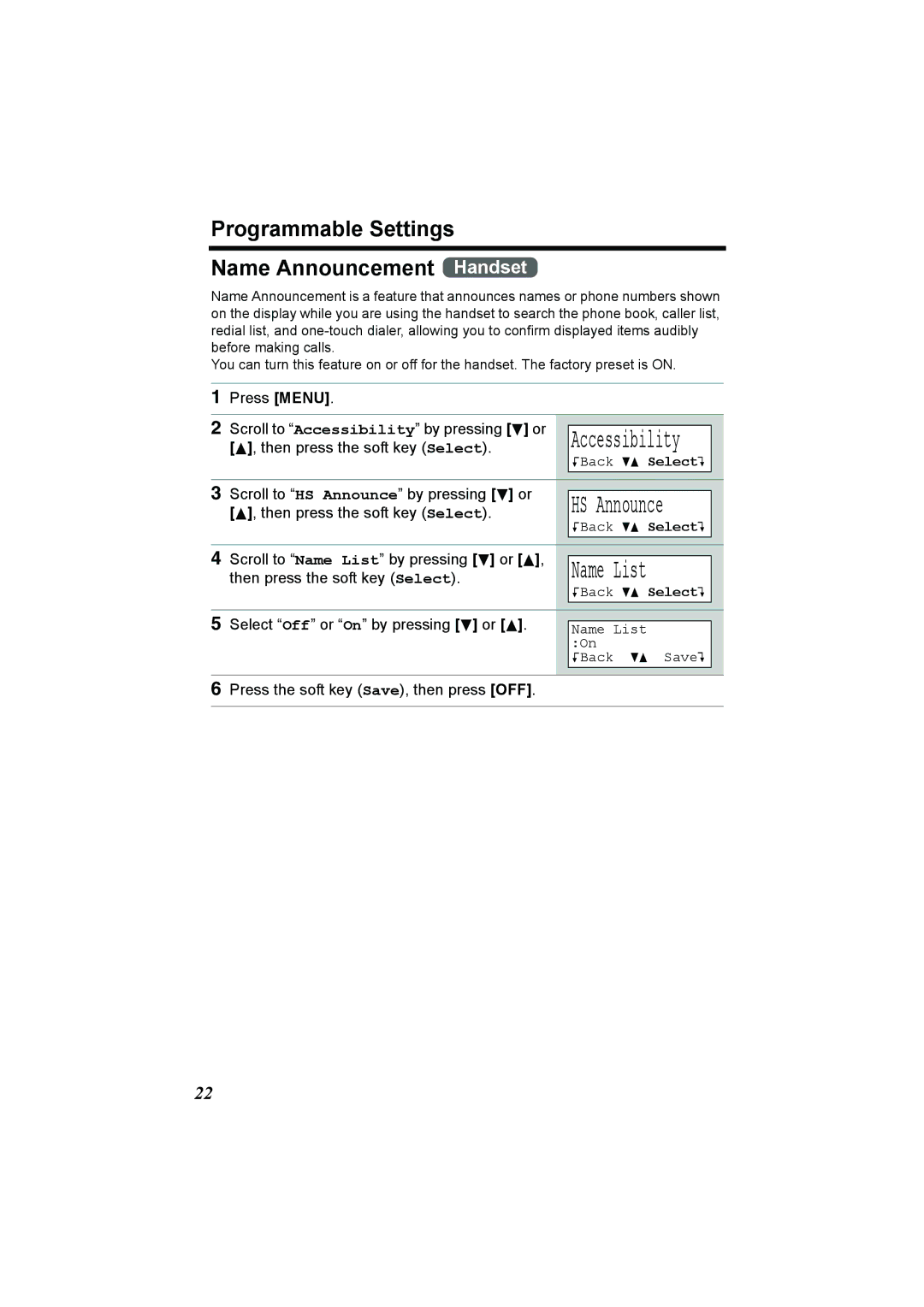 Panasonic KX-TG2386 Programmable Settings Name Announcement Handset, Scroll to Name List by pressing d or B 