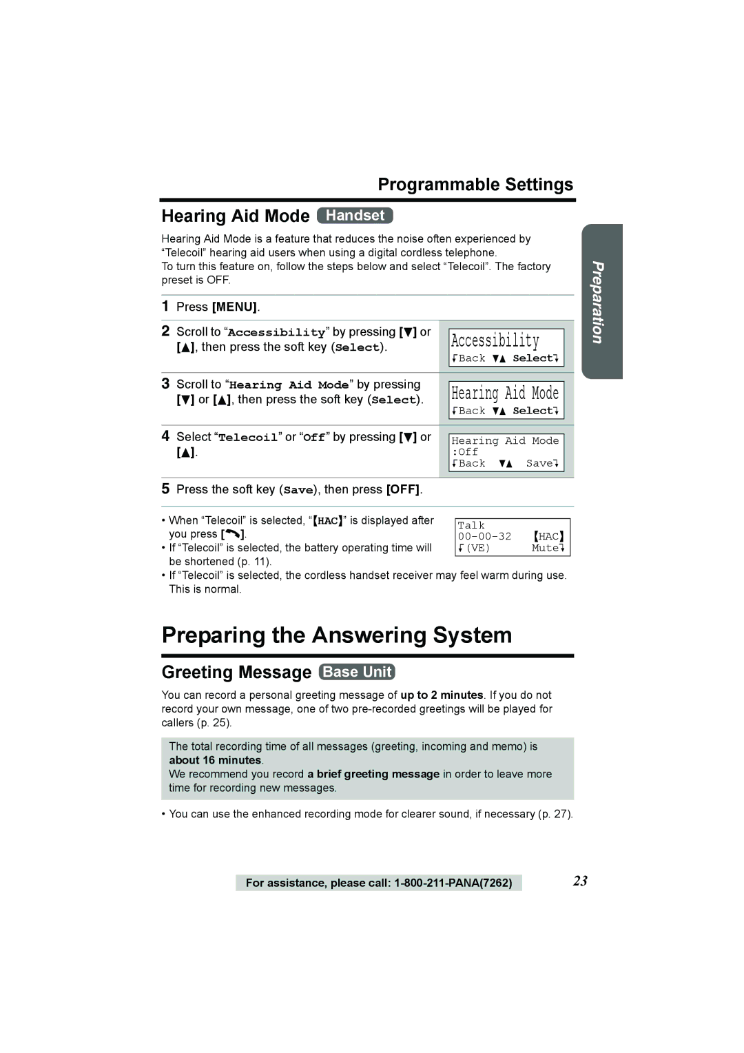 Panasonic KX-TG2386 operating instructions Preparing the Answering System, Programmable Settings Hearing Aid Mode Handset 