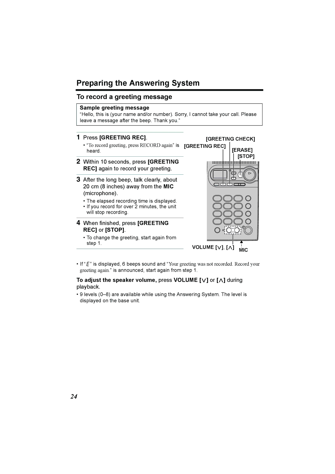 Panasonic KX-TG2386 Preparing the Answering System, To record a greeting message, Sample greeting message 