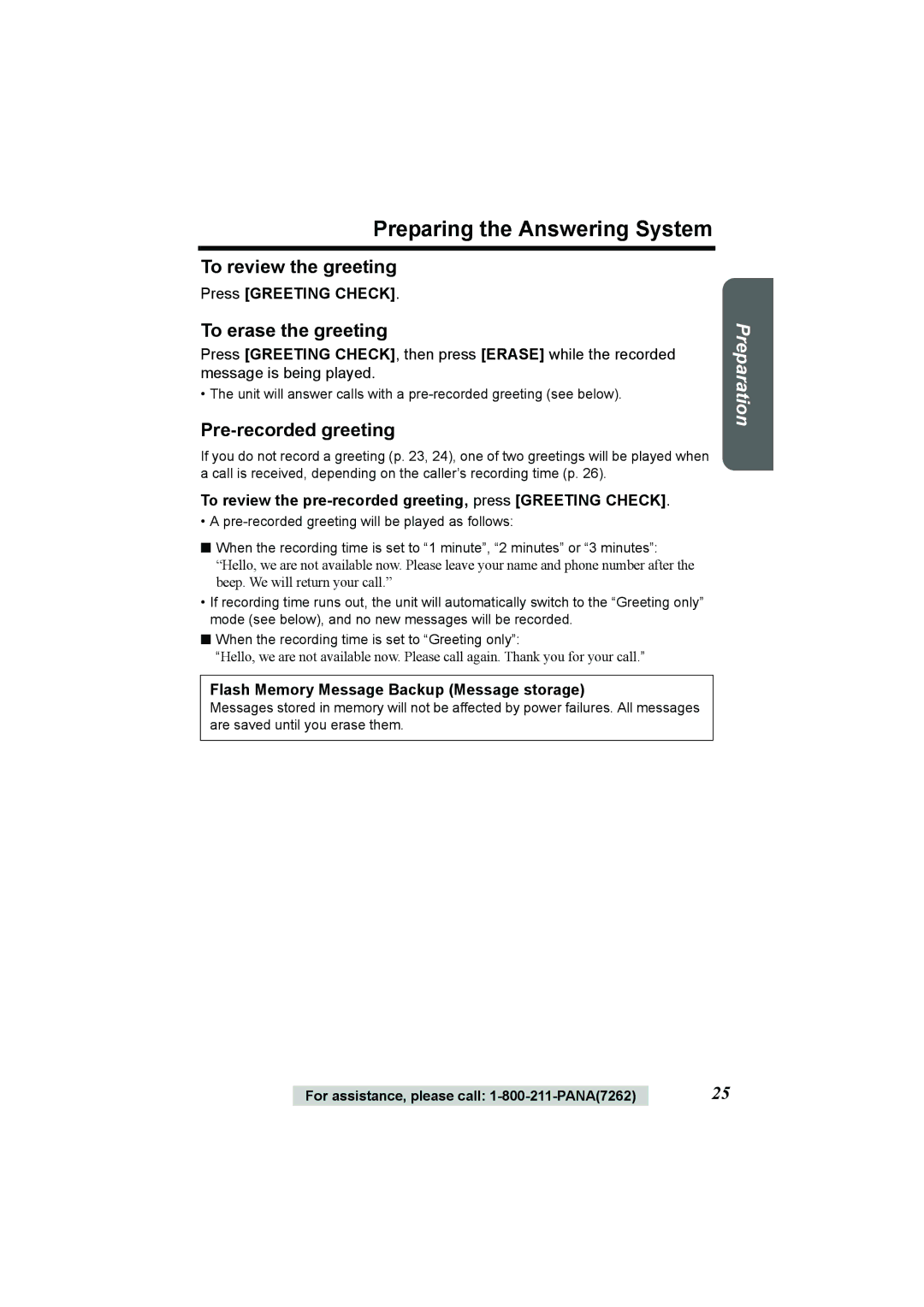 Panasonic KX-TG2386 operating instructions To review the greeting, To erase the greeting, Pre-recorded greeting 