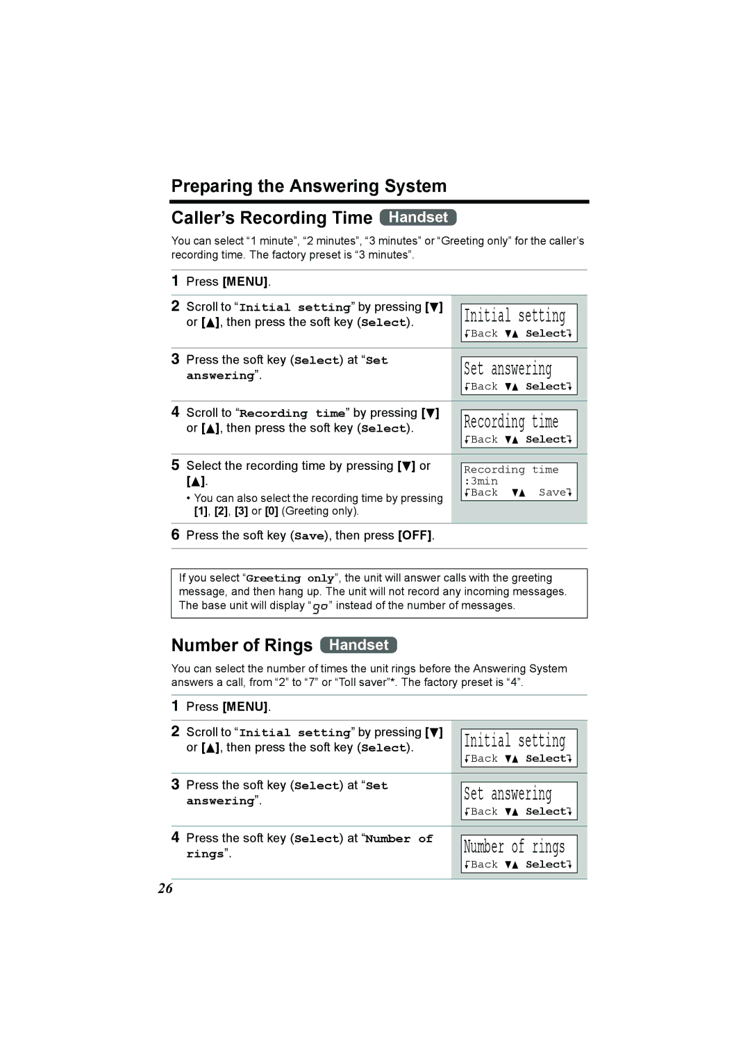 Panasonic KX-TG2386 operating instructions Number of Rings Handset, Recording time, Number of rings 