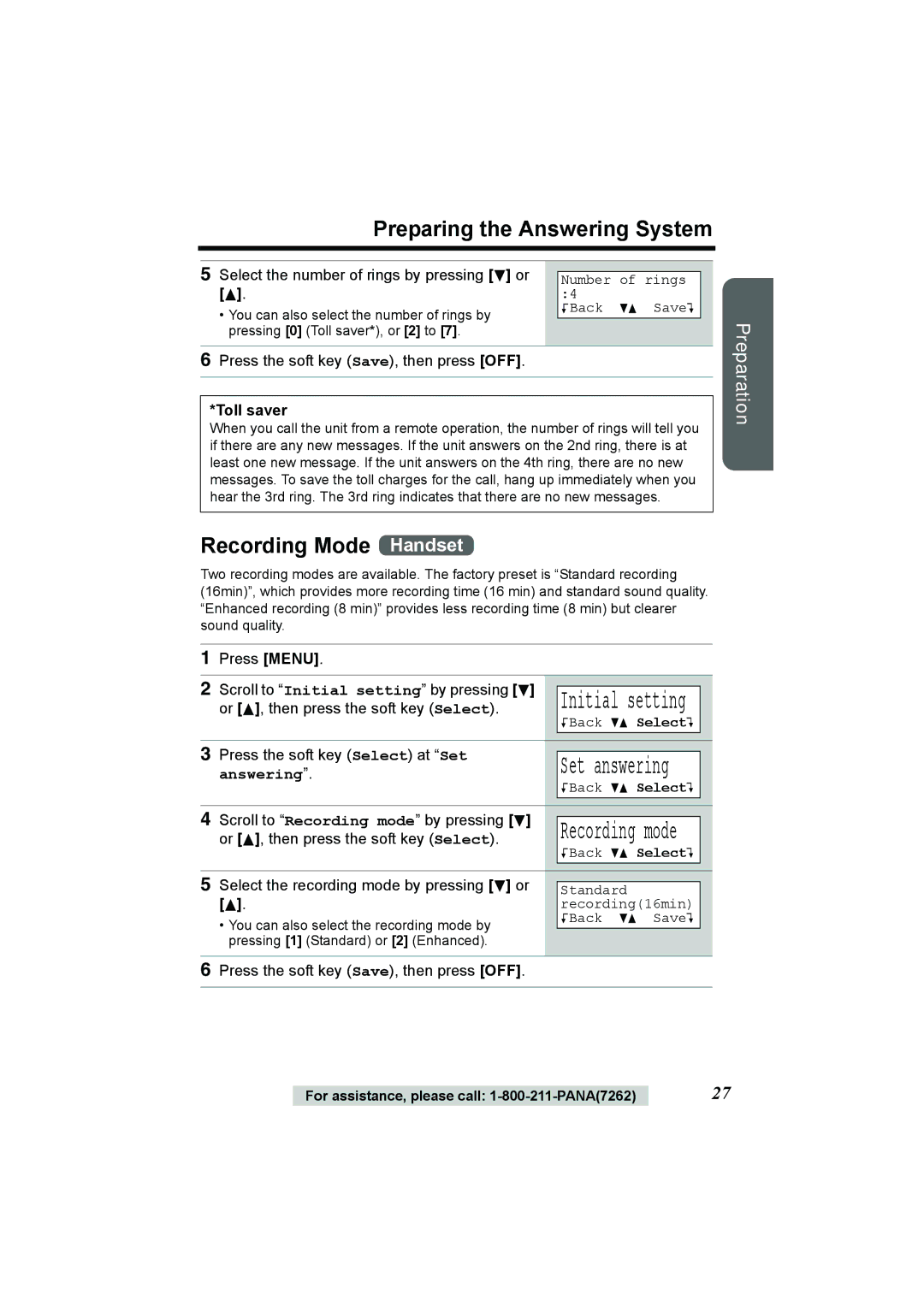 Panasonic KX-TG2386 operating instructions Recording Mode Handset, Recording mode, Toll saver 