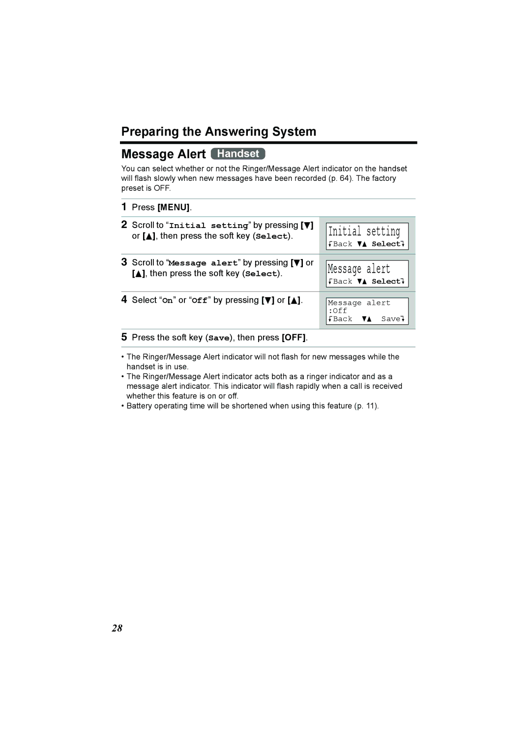 Panasonic KX-TG2386 Preparing the Answering System Message Alert Handset, Scroll to Message alert by pressing d or 