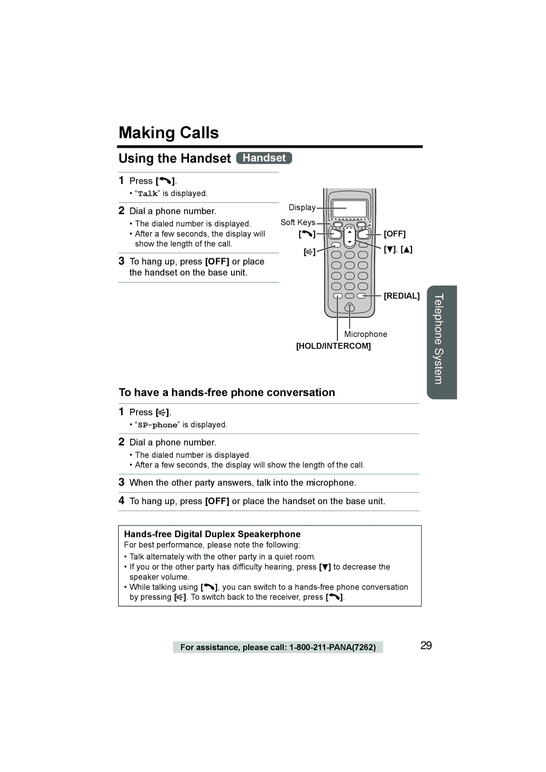 Panasonic KX-TG2386 operating instructions Making Calls, Using the Handset Handset, To have a hands-free phone conversation 