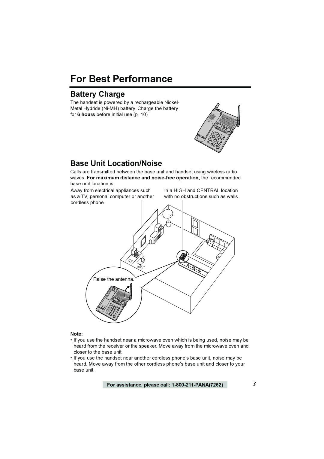 Panasonic KX-TG2386 operating instructions For Best Performance, Battery Charge, Base Unit Location/Noise 