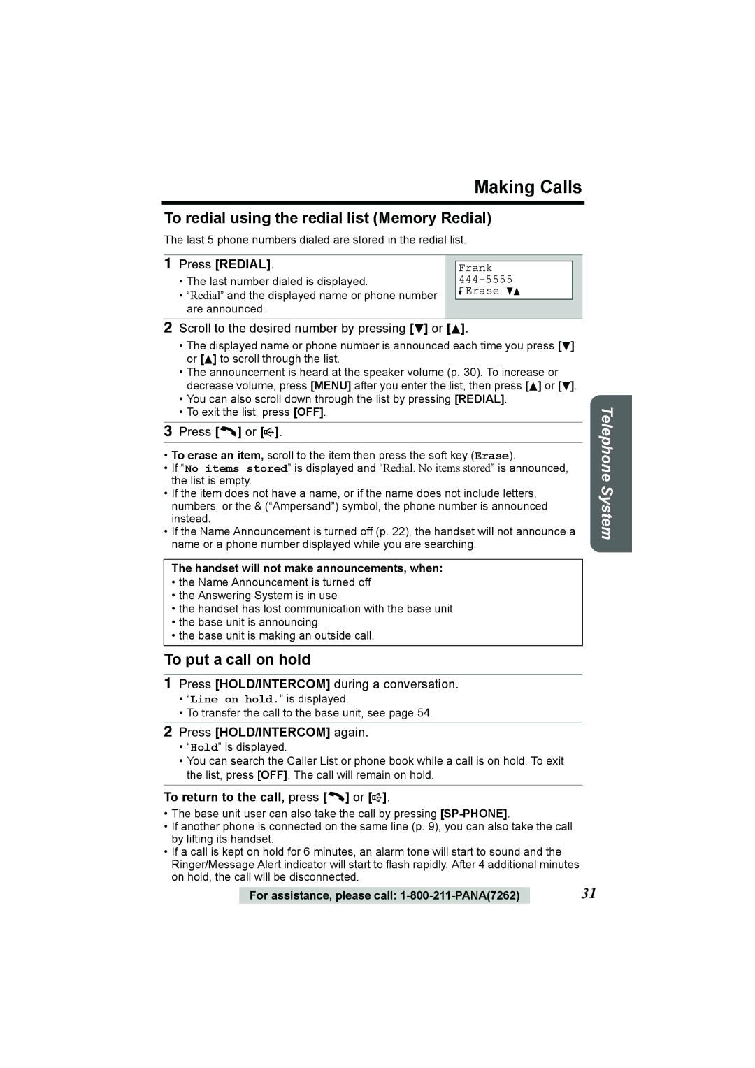 Panasonic KX-TG2386 To redial using the redial list Memory Redial, To put a call on hold, Press Redial 