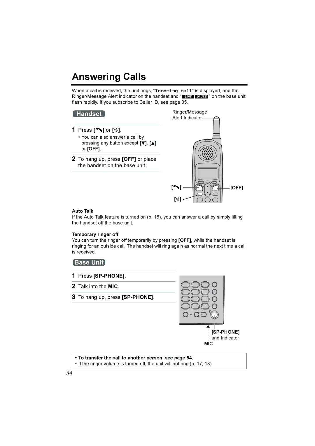 Panasonic KX-TG2386 operating instructions Answering Calls, Talk into the MIC To hang up, press SP-PHONE, OFF s Auto Talk 