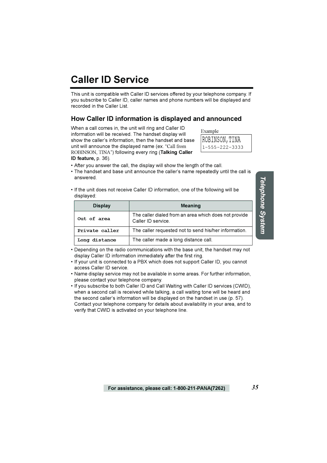 Panasonic KX-TG2386 Caller ID Service, How Caller ID information is displayed and announced, Display Meaning 