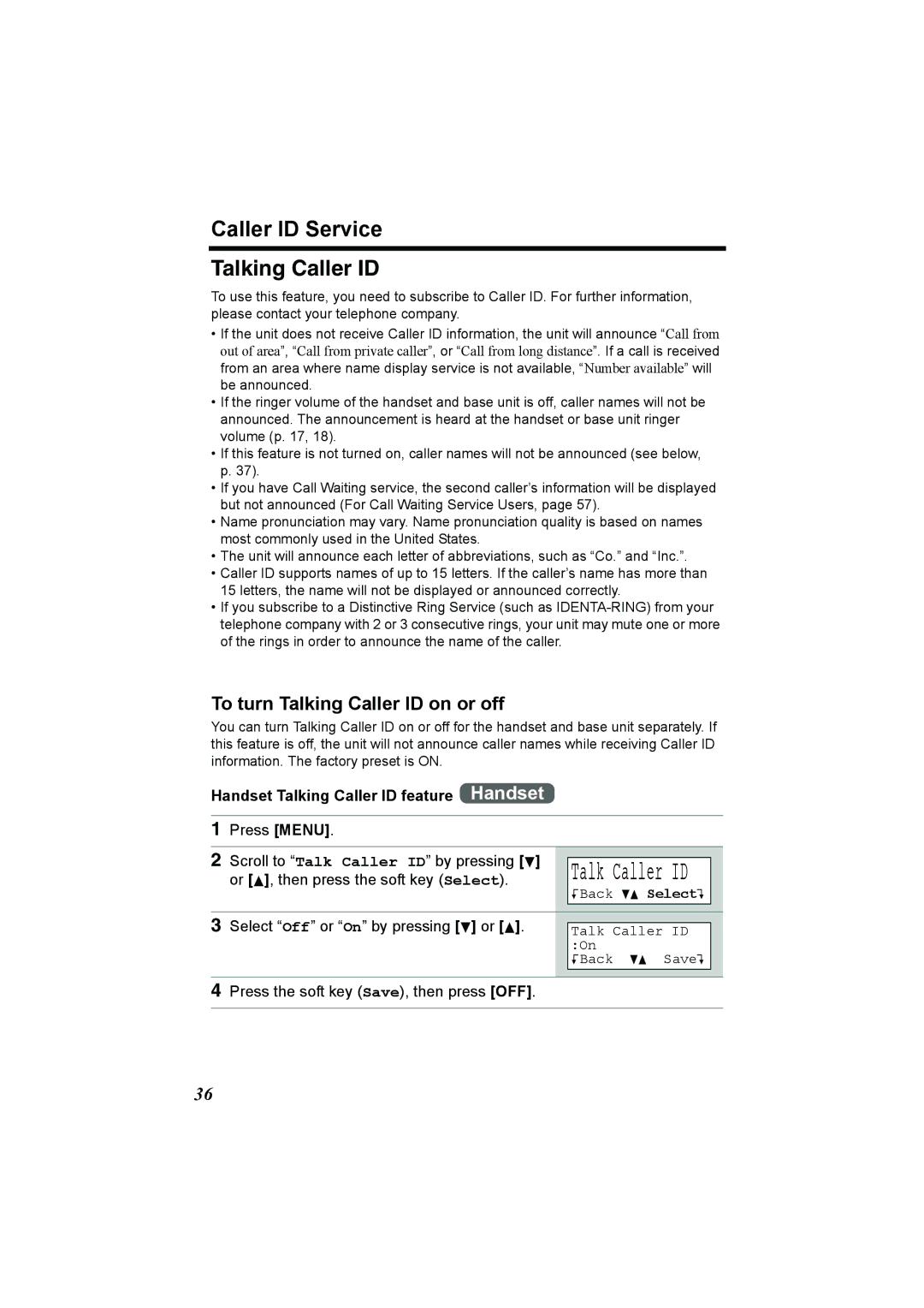 Panasonic KX-TG2386 Caller ID Service Talking Caller ID, To turn Talking Caller ID on or off, Talk Caller ID 