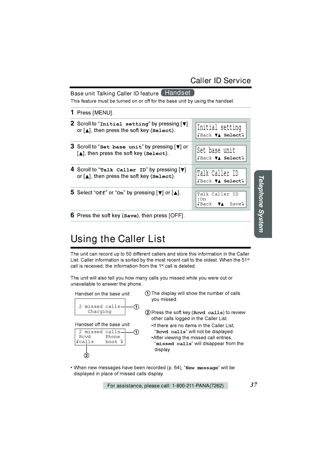 Panasonic KX-TG2386 Using the Caller List, Caller ID Service, Base unit Talking Caller ID feature Handset 